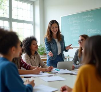 Group of students engaged in an English class discussion